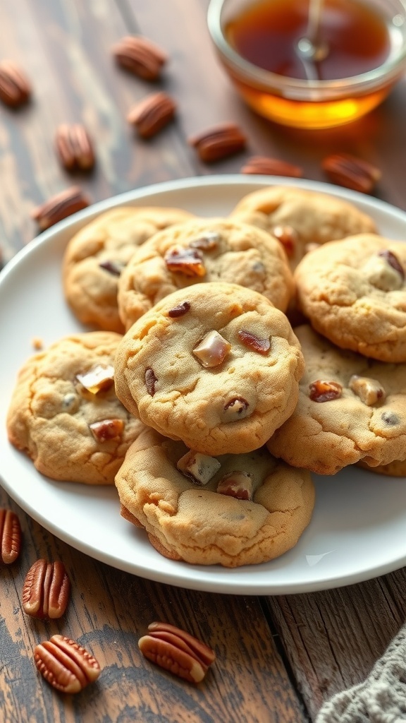 A plate of golden brown Maple Pecan Cookies with pecans, on a wooden table with maple syrup.
